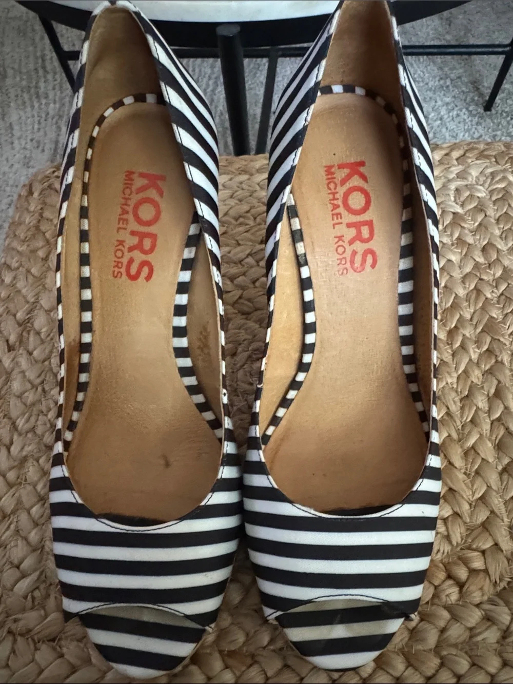 Michael Kors Navy Blue and White Striped Peep-Toe cork heels